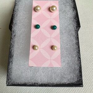 Pearl and Teal Stud Earrings Set of 3 Pairs